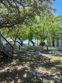 a small yard with trees and a staircase leading to a building