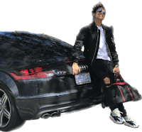 a man leaning on the back of a black audi