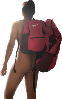 a naked woman carrying a red nike backpack