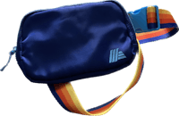 a blue belt bag with a rainbow strap