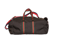 a black duffel bag with red, green and blue stripes